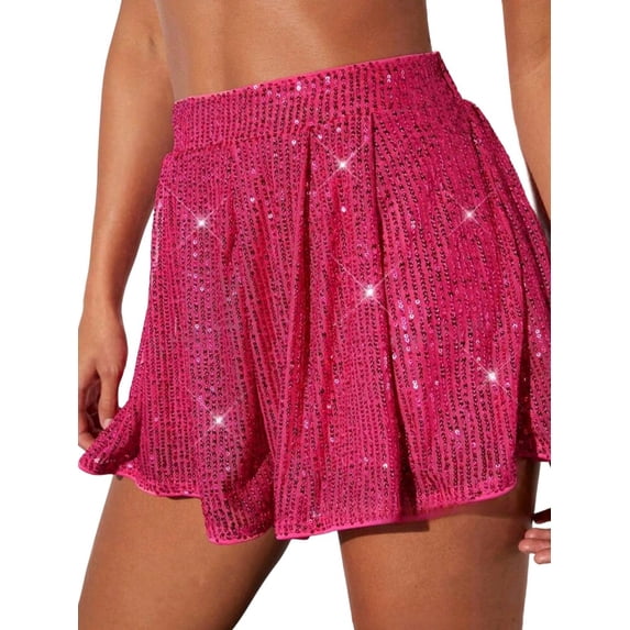 Womens Sparkly Sequin Shorts Glittery Skort Party Wear Disco Shiny Metallic Skirt Shorts Rose Red XL