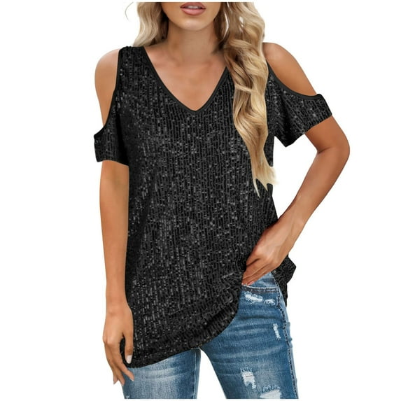 Womens Sparkly Sequin Top V Neck Cold Shoulder Glitter Short Sleeve Dressy Party Blouse Shirts Loose Fit Shirts Going Out
