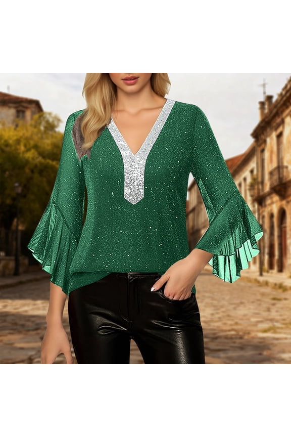 Womens Sparkly Sequin Tops 3/4 Sleeve Glitter Dressy Blouse V-Neck Disco Shirt (Green S)
