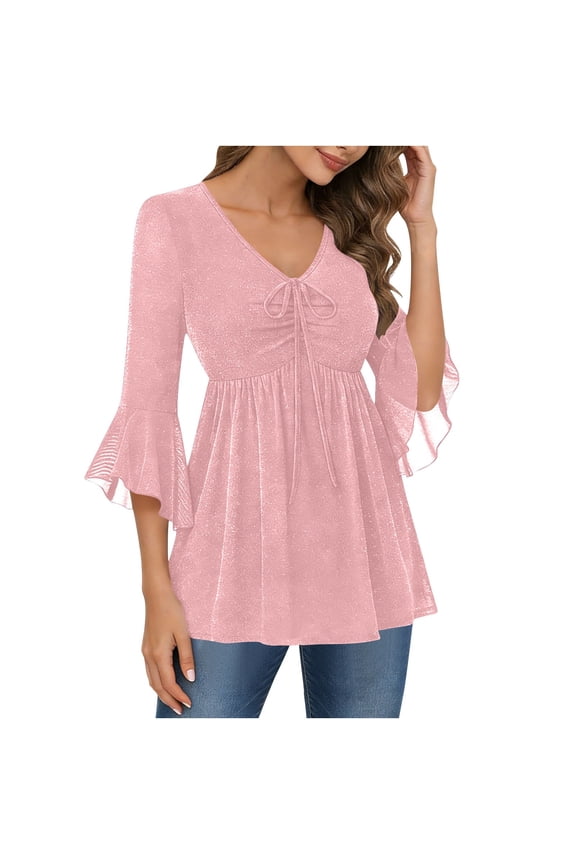 Womens Sparkly Sequins Tunic Tops, Ruffle 3/4 Sleeve Shirts for Women Summer Casual Solid Color Flowy Swing V Neck Dressy Blouses