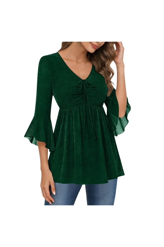 Womens Sparkly Sequins Tunic Tops, Ruffle 3/4 Sleeve Shirts for Women Summer Casual Solid Color Flowy Swing V Neck Dressy Blouses