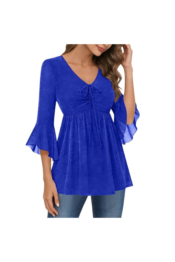 Womens Sparkly Sequins Tunic Tops, Ruffle 3/4 Sleeve Shirts for Women Summer Casual Solid Color Flowy Swing V Neck Dressy Blouses