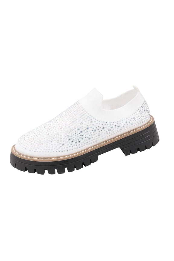 Womens Sparkly Slip On Sneakers with Rhinestones | Chunky Platform Comfort Shoes | Breathable Mesh White Casual Walking Sneakers,Size 5.5