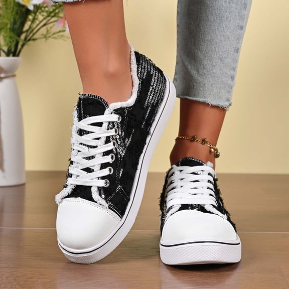 Womens Sparkly Sneakers Glitter Shiny Sequin Tennis Shoes Low Cut Lace Up Y2k Mardi Gras Shoes (Black 37)