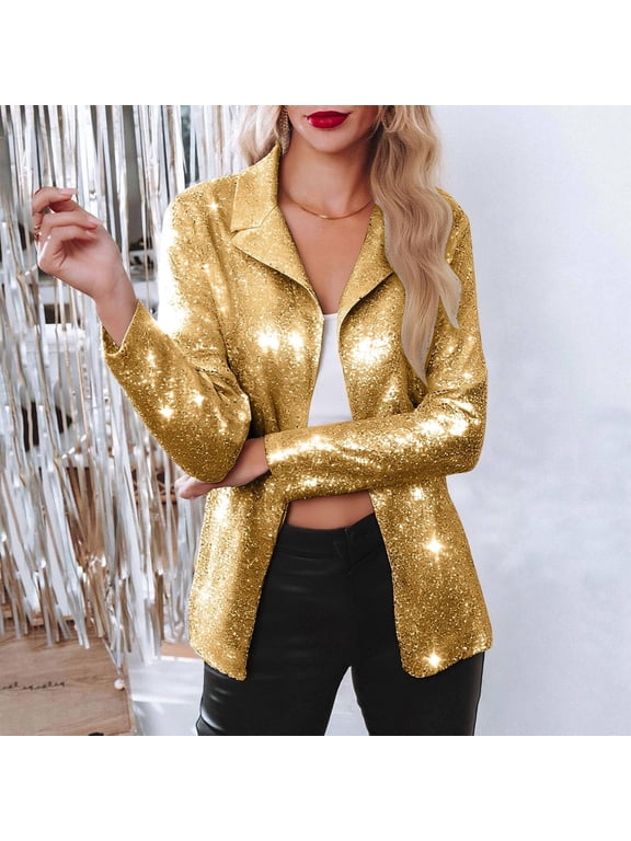Womens Sparkly Top Long Sleeve Lapel Blazer Jacket Sequin Sparkle Dressy Blazer for Women Color Gold Size M