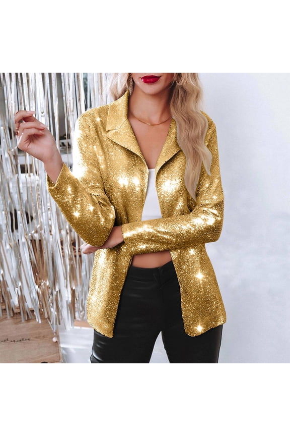 Womens Sparkly Top Long Sleeve Lapel Blazer Jacket Sequin Sparkle Dressy Blazer for Women Color Gold Size XXL