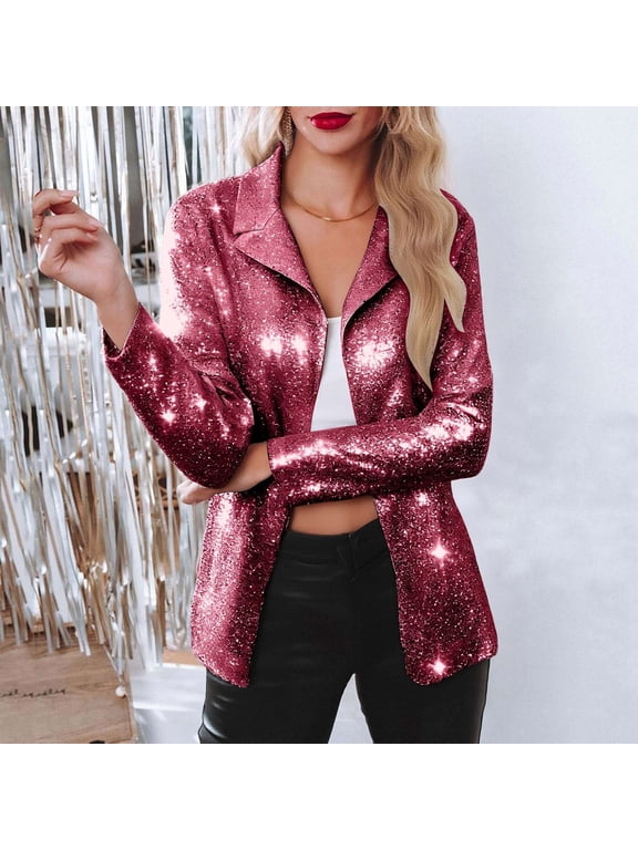 Womens Sparkly Top Long Sleeve Lapel Blazer Jacket Sequin Sparkle Dressy Blazer for Women Color Red Size S