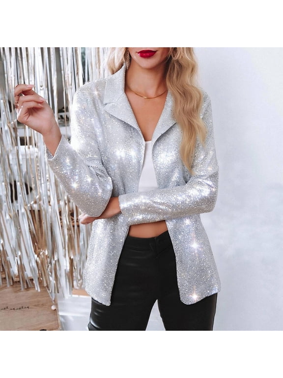 Womens Sparkly Top Long Sleeve Lapel Blazer Jacket Sequin Sparkle Dressy Blazer for Women Color Silver Size S