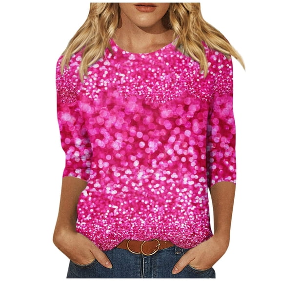 Womens Sparkly Tops, 3/4 Sleeve Shirts for Women Fall Fashion Loose Fit Shiny Sequins Printed Crewneck T-Shirts