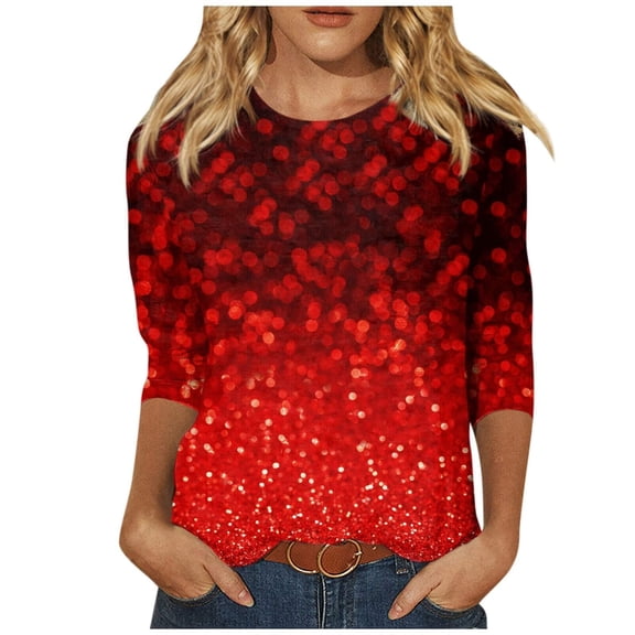 Womens Sparkly Tops, 3/4 Sleeve Shirts for Women Fall Fashion Loose Fit Shiny Sequins Printed Crewneck T-Shirts