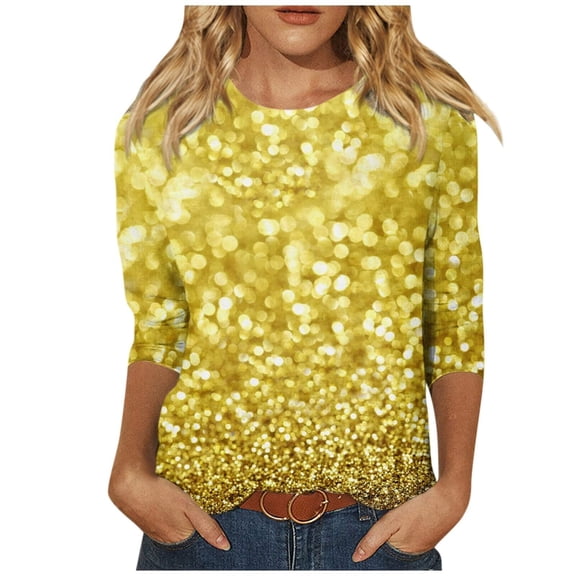 Womens Sparkly Tops, 3/4 Sleeve Shirts for Women Fall Fashion Loose Fit Shiny Sequins Printed Crewneck T-Shirts