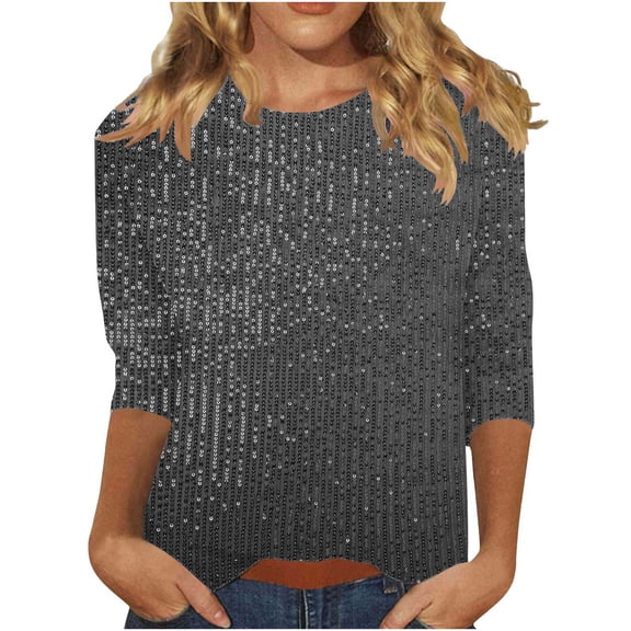 Womens Sparkly Tops, 3/4 Sleeve Shirts for Women Summer Fashion Solid Color Shiny Sequins Crewneck T-Shirts