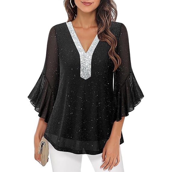 Womens Sparkly Tops Dressy Ruffle 3/4 Sleeve Blouses Glitter Cocktail Party Evening Shirts