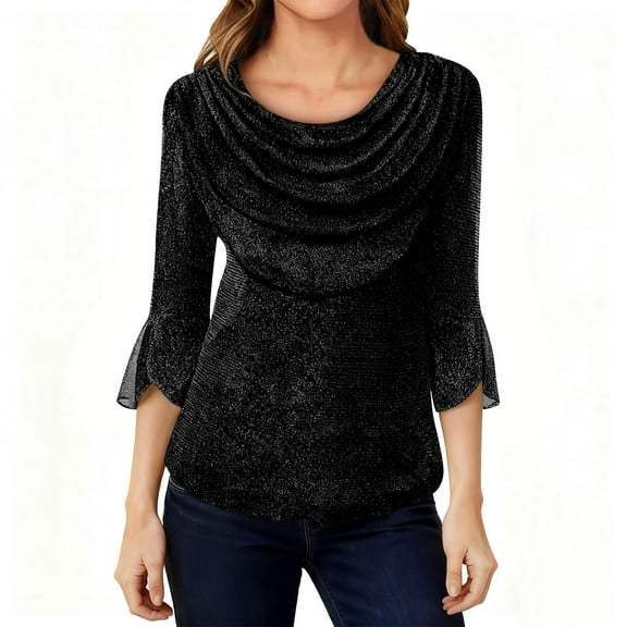Womens Sparkly Tops Dressy Ruffle 3/4 Sleeve Blouses Glitter Cocktail Party Evening Shirts