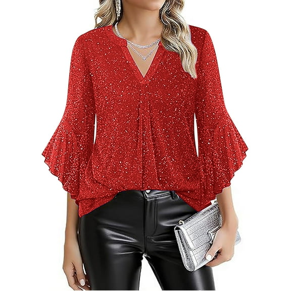 Womens Sparkly Tops Dressy Ruffle 3/4 Sleeve Blouses Glitter Cocktail Party Evening Shirts