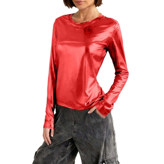 Womens Sparkly Tops, Long Sleeve Shirts for Women Spring Casual Slimming Fit Shiny Solid Color Crewneck T-Shirts