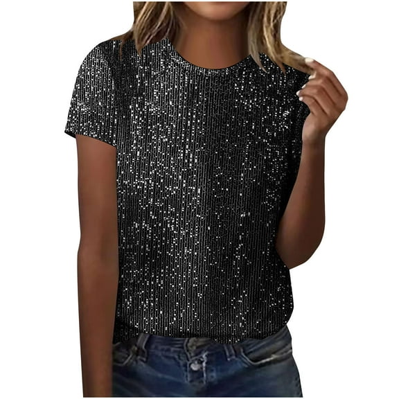 Womens Sparkly Tops, Short Sleeve Shirts for Women Summer Fashion Shiny Sequins Solid Color Crewneck T-Shirts