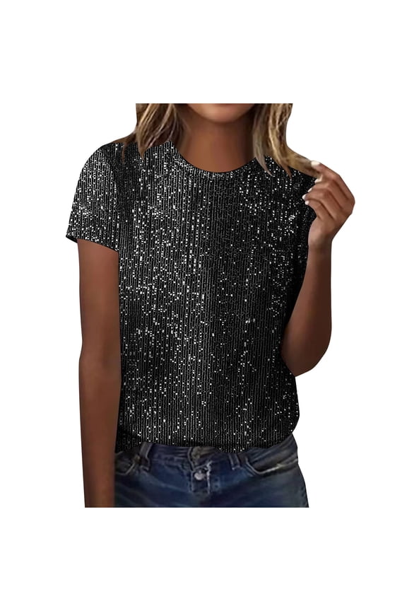 Womens Sparkly Tops, Short Sleeve Shirts for Women Summer Fashion Shiny Sequins Solid Color Crewneck T-Shirts