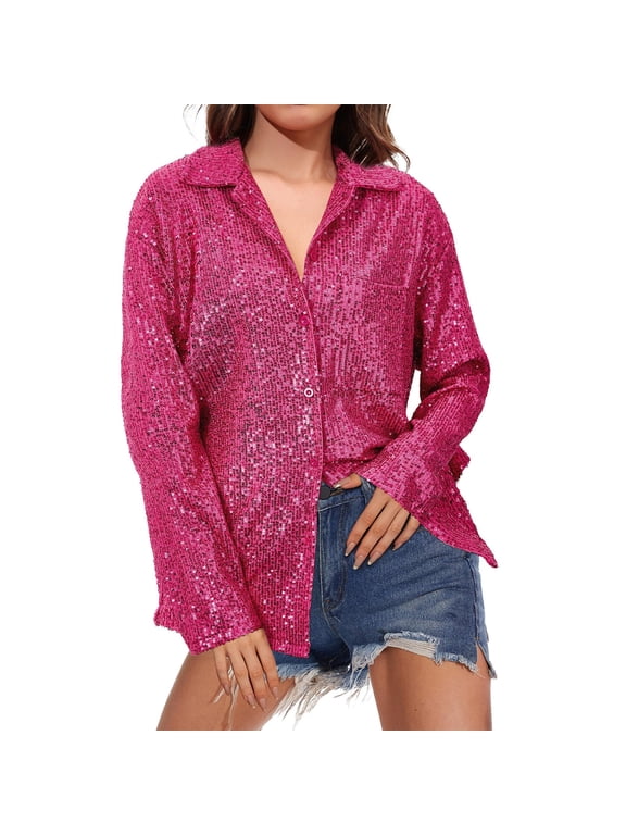 Womens Sparkly Tops,long Sleeve Glitter Blouse Party Blouses for Women Plus Size Sequin Sparkle Tops Evening Tops Dressy Tops for Women for Wedding Sparkle Going Out Top,Pink,M