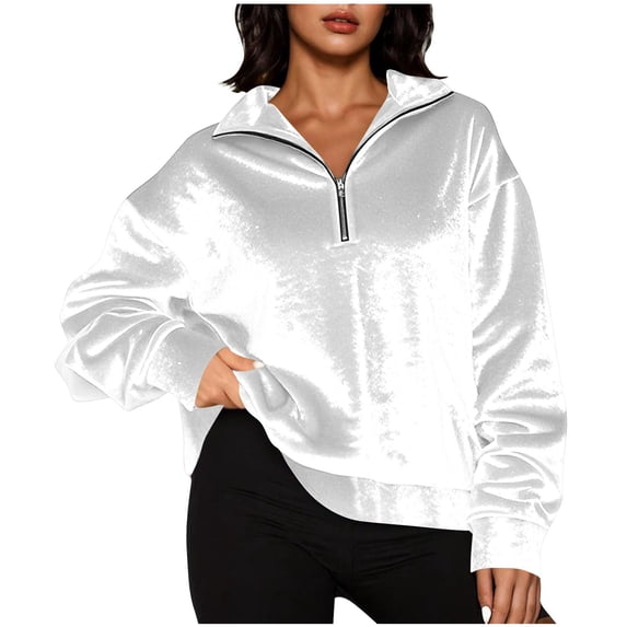 Womens Sparkly Velvet Sweatshirt, Zip Up Sweatshirts for Women Fall Fashion Solid Color Long Sleeve Pullover