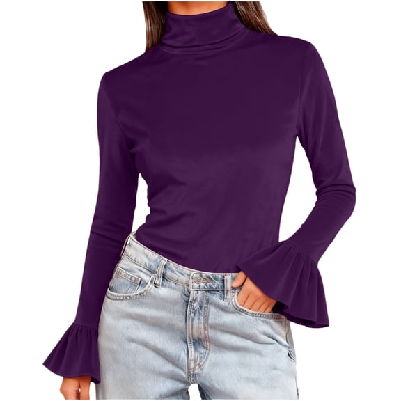 Womens Sparkly Velvet Tops, Mock Neck Shirts for Women Spring Casual Slimming Fit Solid Color Flare Long Sleeve Dressy Blouses