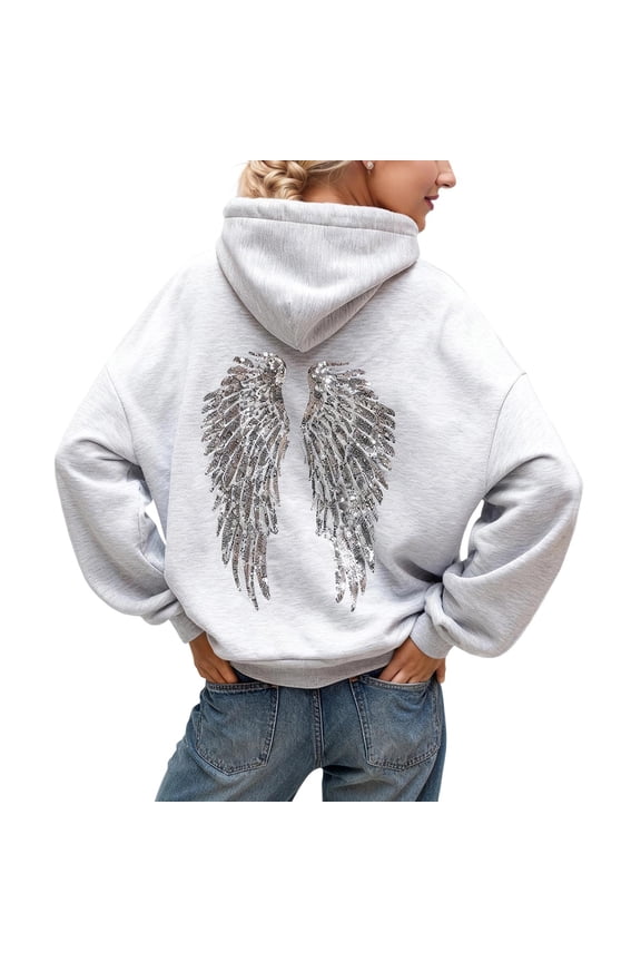 Womens Sparkly Wing Sequin Hoodie Solid Color Long Sleeve Pullover Autumn Winter Casual Hooded Top Grey