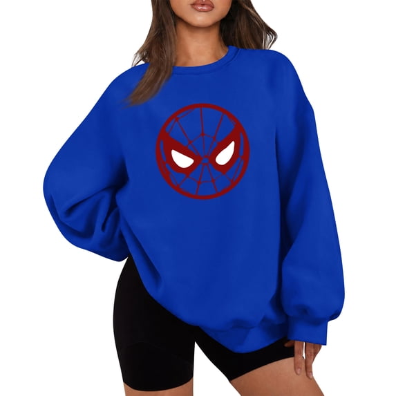 Womens Spider Graphic Sweatshirt, Comic Round Hero Mask Print Long Sleeve Crewneck Loose Pullover for Halloween Party, Blue, S