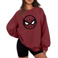 thumbnail image 1 of Womens Spider Graphic Sweatshirt, Comic Round Hero Mask Print Long Sleeve Crewneck Loose Pullover for Halloween Party, Wine, XL, 1 of 4
