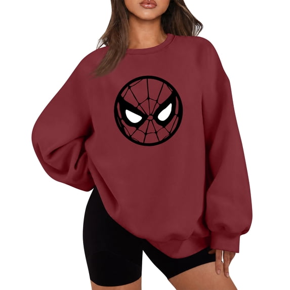 Womens Spider Graphic Sweatshirt, Comic Round Hero Mask Print Long Sleeve Crewneck Loose Pullover for Halloween Party, Wine, XL