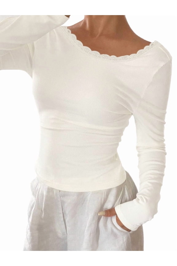 Womens Spliced Lace Trim Ribbed Open Back Slim Fit Long Sleeve Top Elegant Blouse Cream White One Size