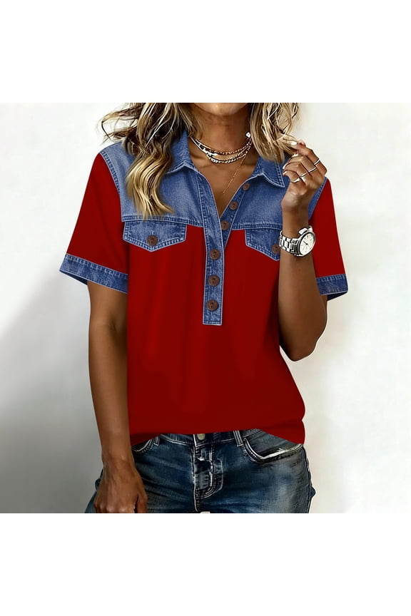 Womens Splicing Denim Casual T-Shirt V Neck Collared Dressy Tops Buttons Decor Patchwork Summer Blouses Red L
