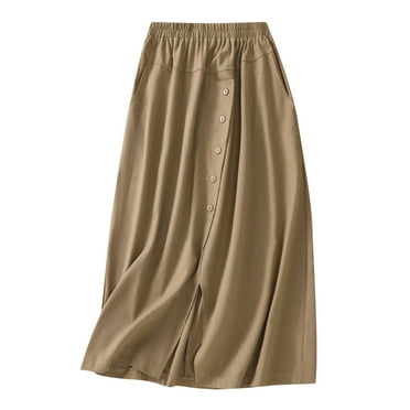 Womens Split Front A Line Midi Skirt Elastic Waist Button down Casual Pleated Skirt with Pockets