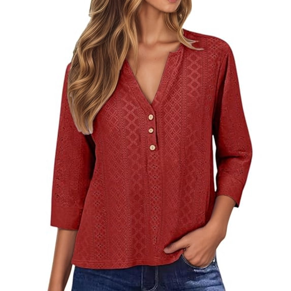 Womens Split Neck Blouses Solid Color 3/4 Sleeve Summer Casual Fashion Tee Red XXXL