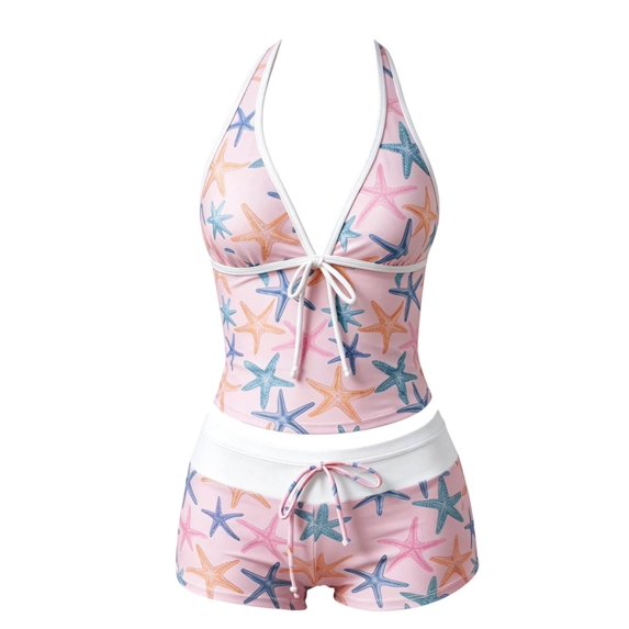 Womens Split Tankini Swimsuit Set Halter Neck Adjustable Tie Top Boyshort Swim Trunks Multi Print Beach Pool Outfit S-XL