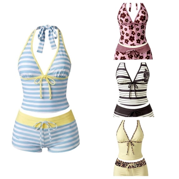Womens Split Tankini Swimsuit Set Halter Neck Adjustable Tie Top Boyshort Swim Trunks Multi Print Beach Pool Outfit S-XL