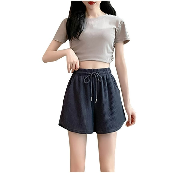 Womens Sport Shorts Summer Casual Pleated Jersey Short Drawstring Elastic Waist Short Pants Trendy Beach Holiday Wear