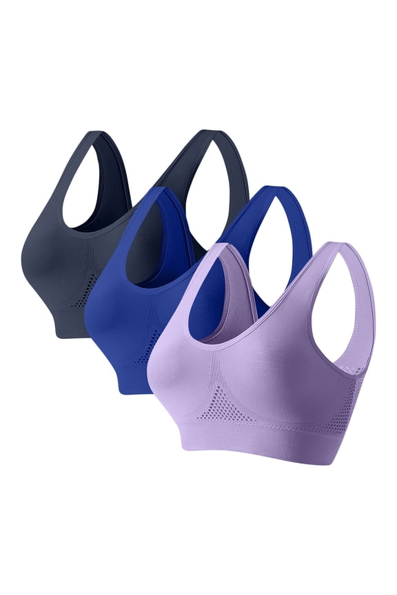 Womens Sports Bra 3-Pack Wirefree Light Support, Purple Seamless Yoga & Lounge Bra, Plus Size S-5XL Multipack for Everyday Wear,Size L