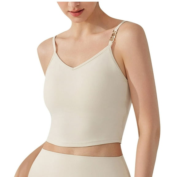 Womens' Sports Bra Longline Padded Crop Top Cozy Spandex Spaghetti Strap Yoga Workout Vest with Medium Support (S, Beige)