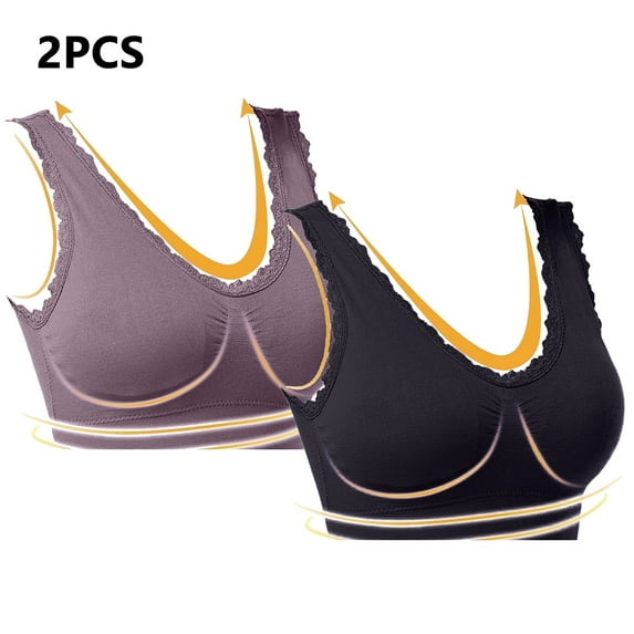 Womens Sports Bras 2 Pack Plus Size Solid Color Lace No Underwire Push Up Wireless Bra Comfort Seamless Soft Sleep Bralette High Support Yoga Workout Bra Smoothing Comfort Lightly T-Shirt Bra