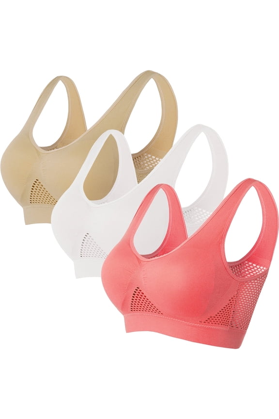 Womens Sports Bras Plus Size S-5X 3 Pack Wirefree Push-Up Pullover Underwear Ladies Breathable Stretchy Nylon Multipack Workout Bralettes