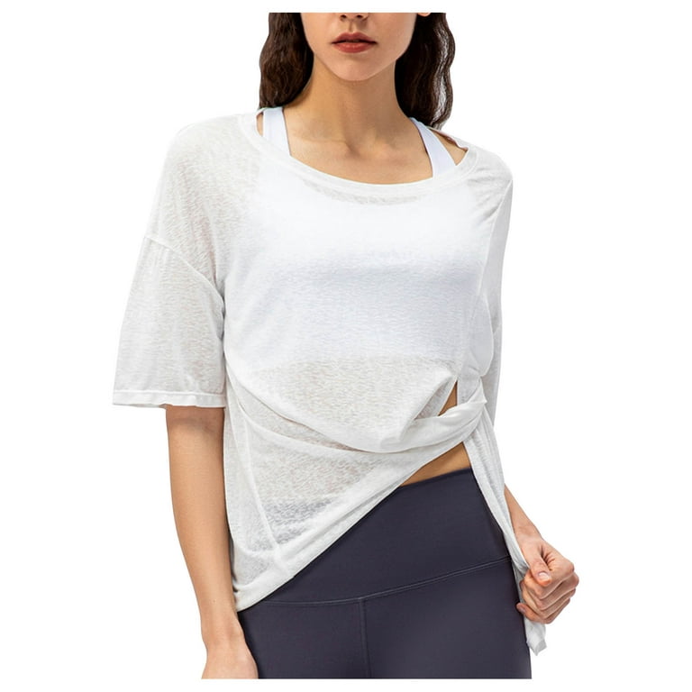 Womens Sports Yoga Shirts Casual Loose Quick Dry Short Sleeves Crewneck Tops  Side Split Breathable Workout Running Tees 