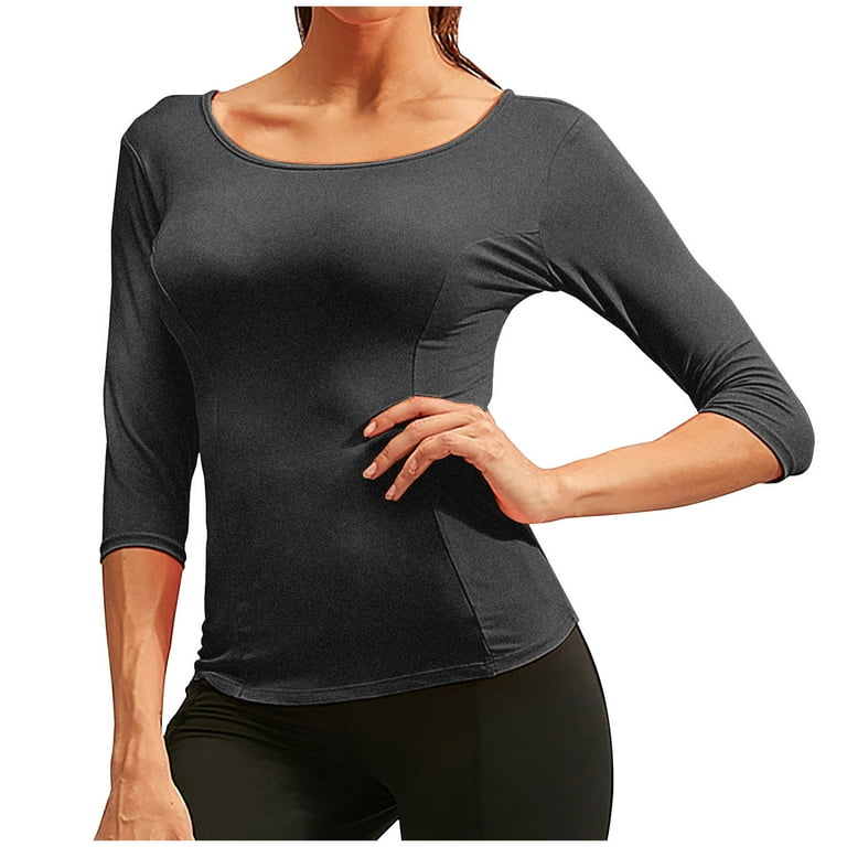 Womens Sports Yoga Shirts Casual Slim Fit Quick Dry 3/4 Sleeves Crewneck  Tops Breathable Workout Running Tees 