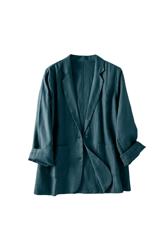 Womens Spring And Linen Long-Sleeved Double-Pocket Cardigan With Buttons Thin Blazer
