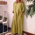 thumbnail image 1 of Womens Spring And Summer Round Neck Solid Cotton And Linen Casual Pocket Short Sleeved Dress, 1 of 7