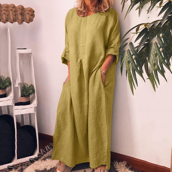 Womens Spring And Summer Round Neck Solid Cotton And Linen Casual Pocket Short Sleeved Dress