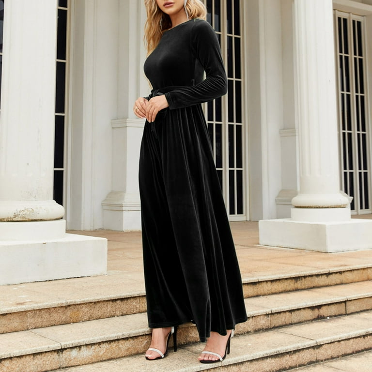 Womens Spring Autumn And Winter Elegant Temperament Style Long Dress Gold Velvet Solid Color High End Dress Long Sleeved Round Neck Dress Women s Casual Dress Black M Walmart