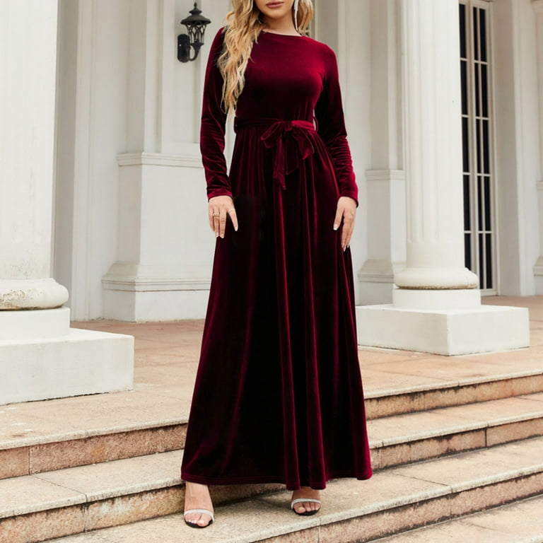 Womens Spring Autumn And Winter Elegant Temperament Style Long Dress Gold  Velvet Solid Color High End Dress Long Sleeved Round Neck Dress Women's