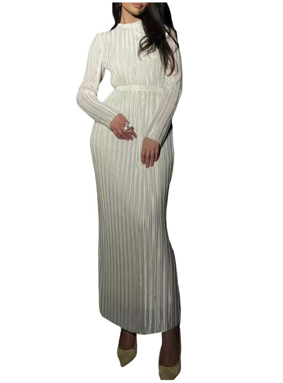 Womens Spring Autumn Long Dress Solid Color Long Sleeve Half High Neck Ruched Tie Up Dress