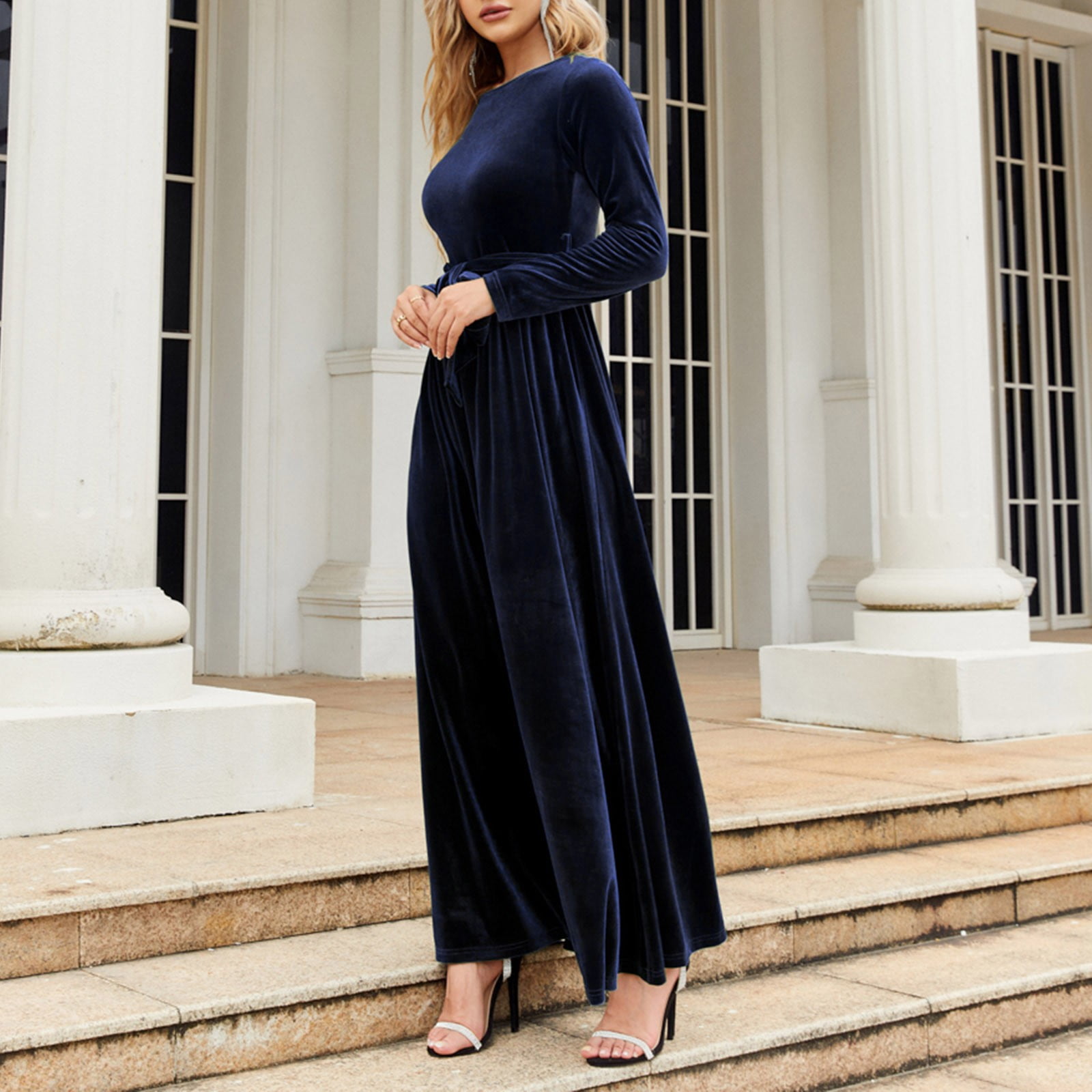 velvet winter dresses Womens Spring Autumn And Elegant Temperament Style Long Dress Gold Solid Color High End Dress Long Sleeved Round Neck Dress for color:deep orange Plus Size Short One Color:Brown(Pre-Sale) Make a statement in