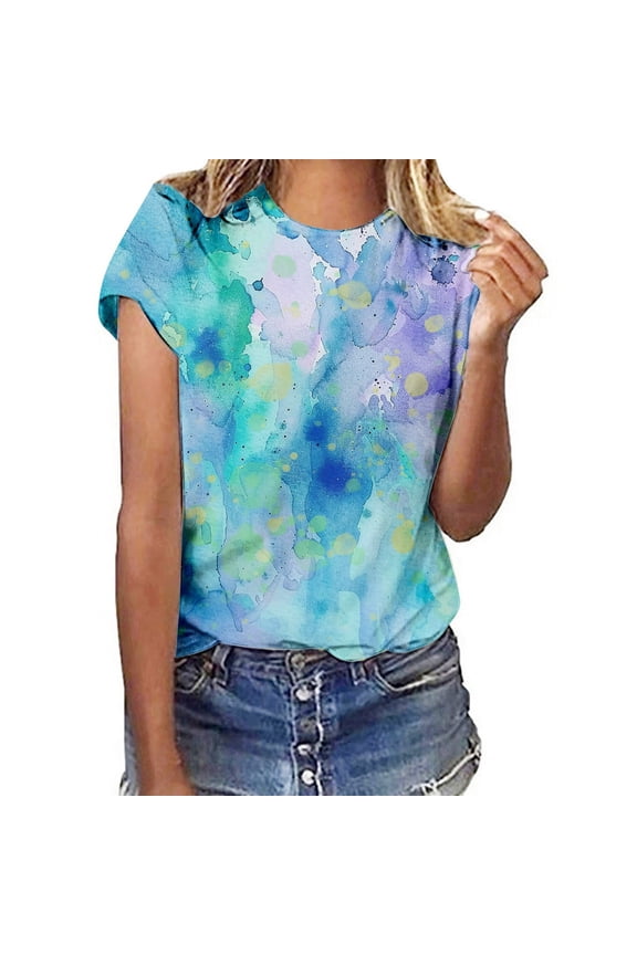 Womens Spring Blouses Floral Print Round Neck Short Sleeve Womens Athletic Tops,Sky Blue,S